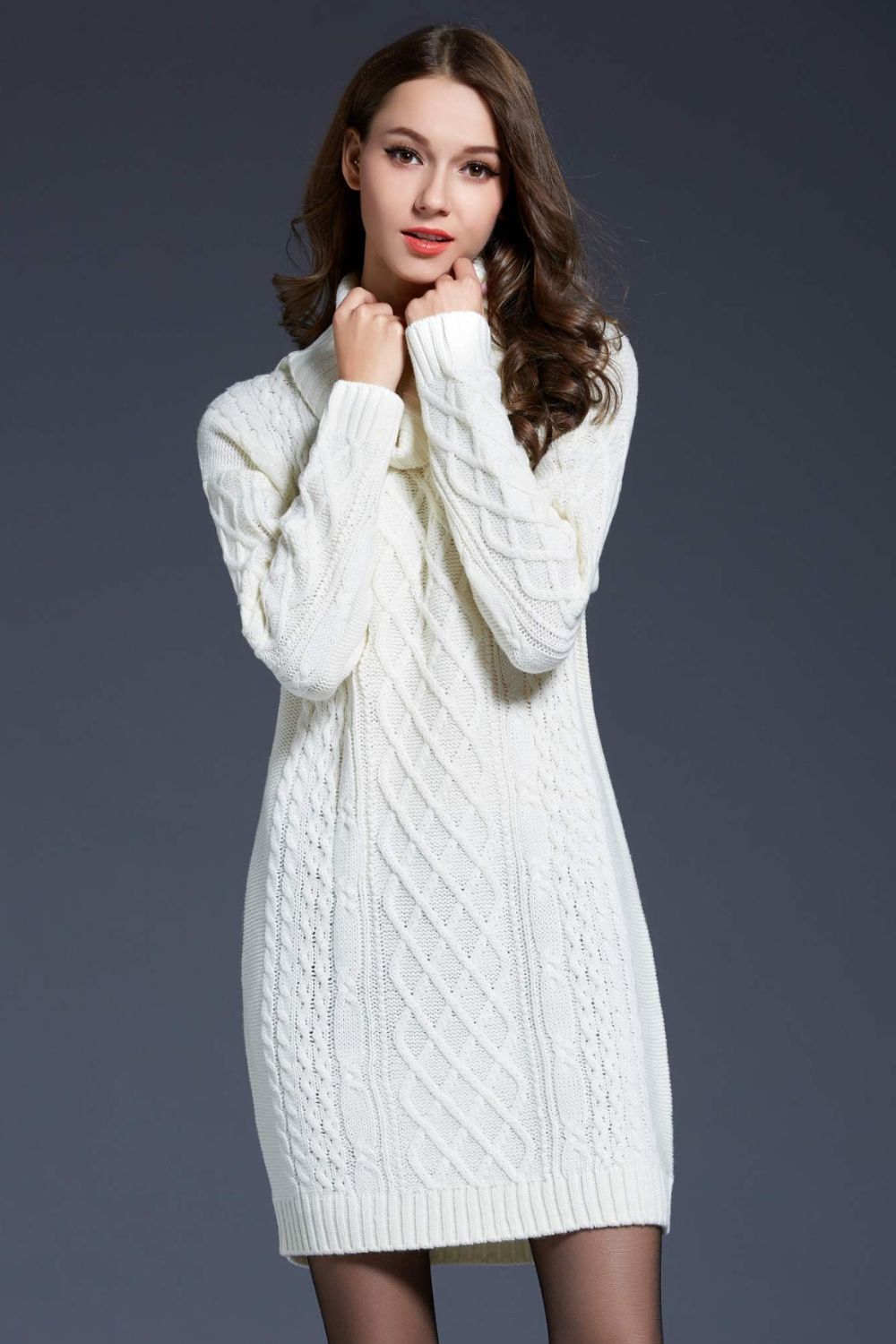 Full Size Mixed Knit Cowl Sweater Dress