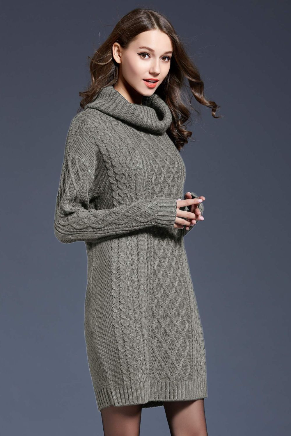 Full Size Mixed Knit Cowl Sweater Dress