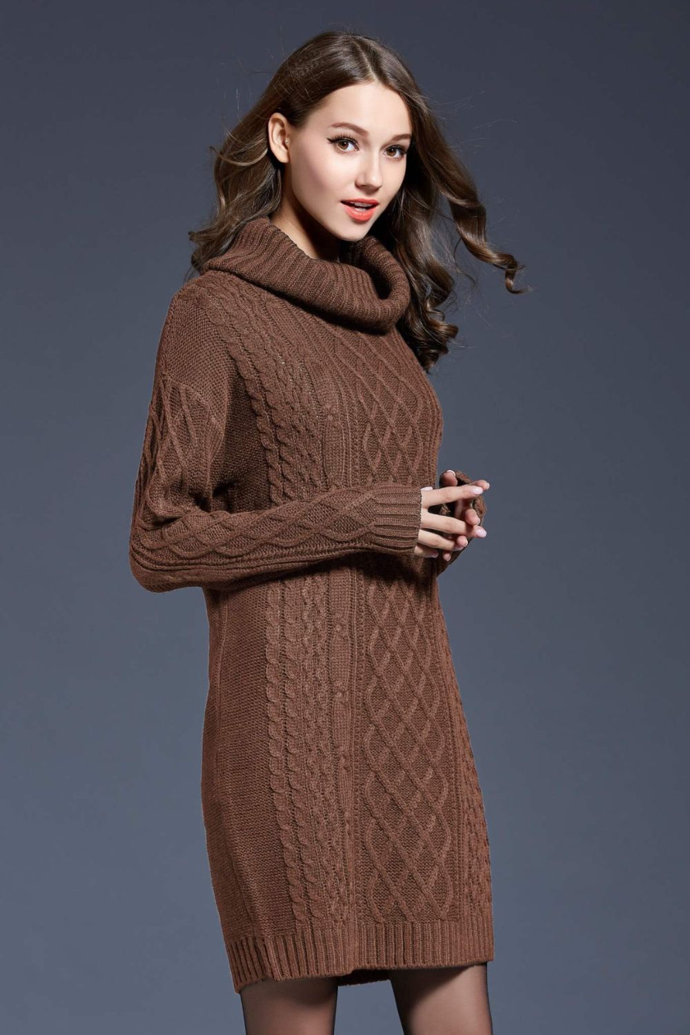 Full Size Mixed Knit Cowl Sweater Dress