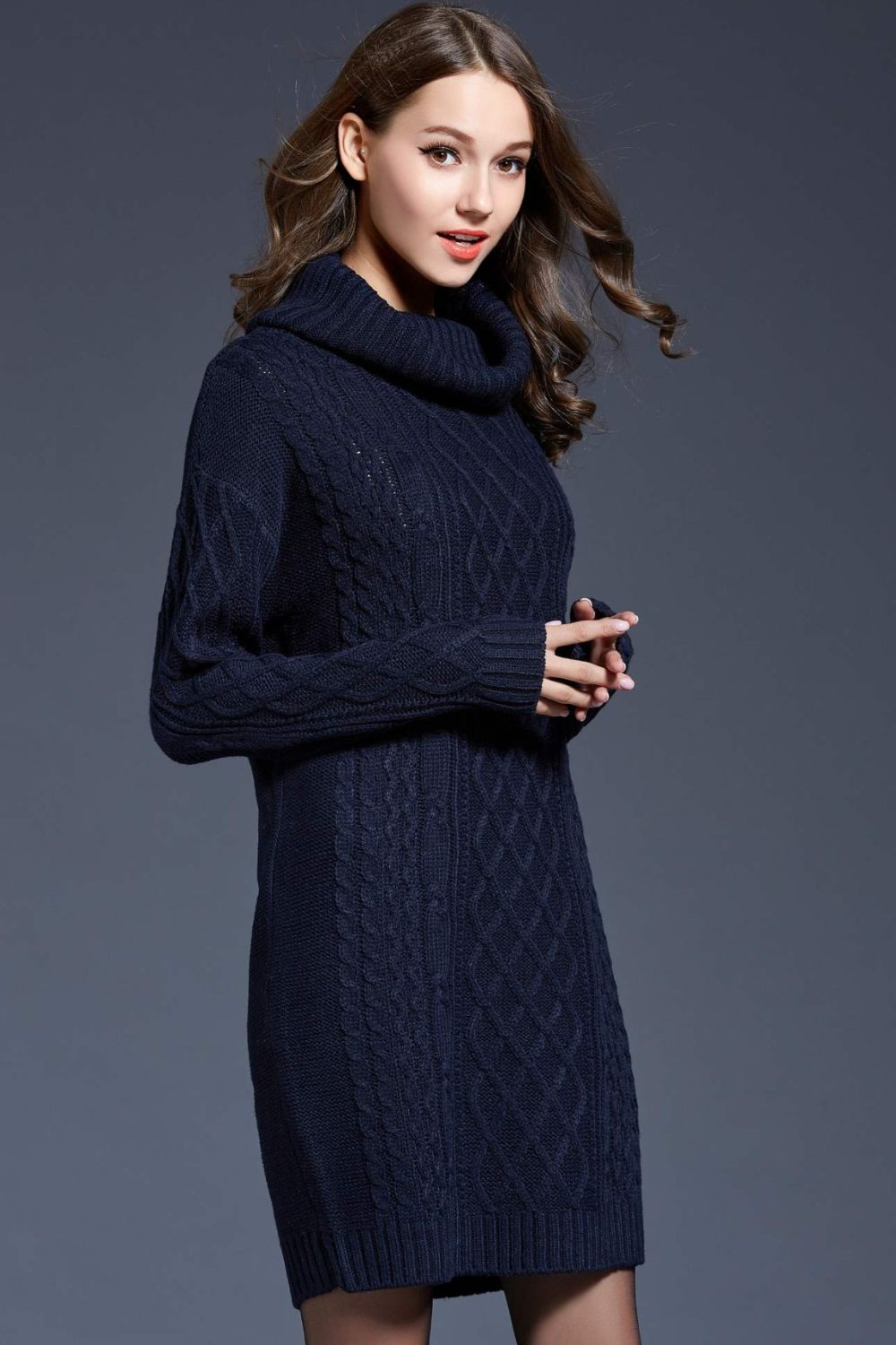 Full Size Mixed Knit Cowl Sweater Dress