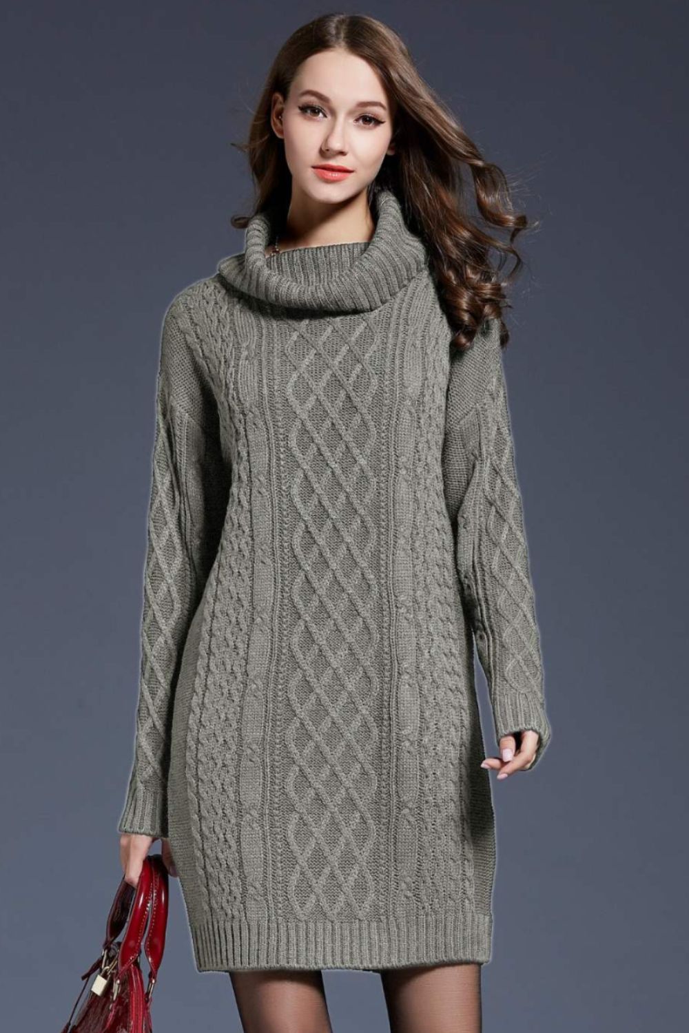 Full Size Mixed Knit Cowl Sweater Dress