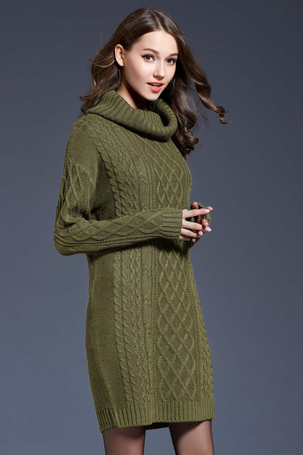 Full Size Mixed Knit Cowl Sweater Dress