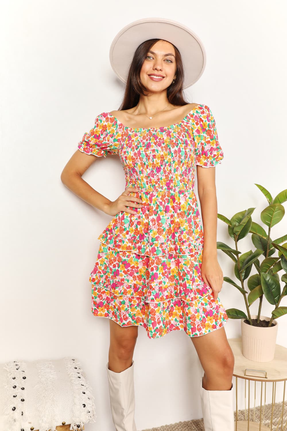 Devine Smocked Sweetheart Flounce Mini Dress