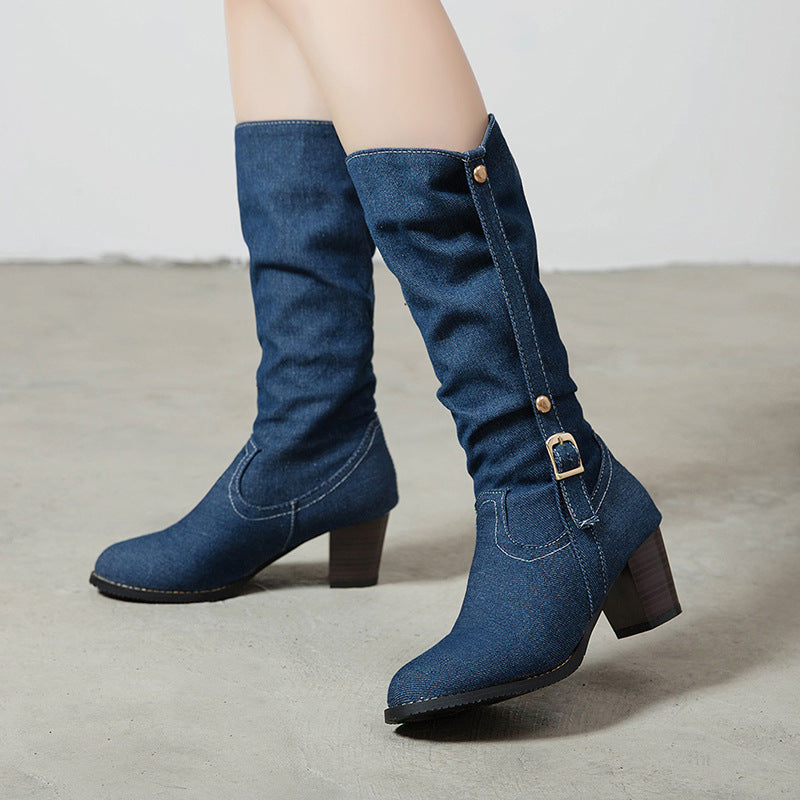 Elva Mid Heel Denim High Boots