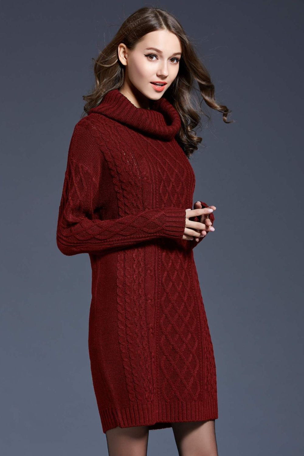 Full Size Mixed Knit Cowl Sweater Dress